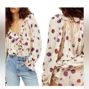 FREE PEOPLE Purple Poppy Floral Printed Ruffle Lace Bodysuit In Ivory Combo